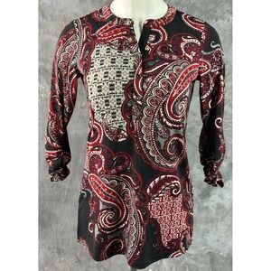 Susan Graver Multi Colored Liquid Knit Paisley Notched Neck Top sz XXS (15767)